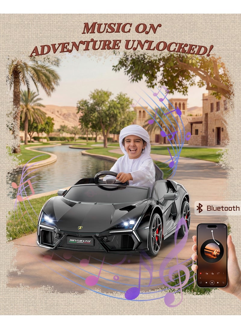 فيرست رايد أون - سيارة ركوب كهربائية للأطفال لامبورجيني ريفويلتو مرخصة 12 فولت، مع جهاز تحكم عن بعد، خاصية الانطلاق السلس، بلوتوث، أضواء LED، 3 سرعات (أسود) - Image 3